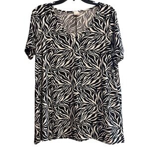 Women's Zebra Print Top V-Neck Short Sleeve Pullover Blouse‎ Black White XL